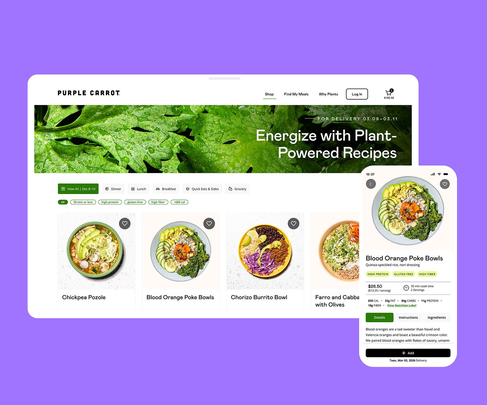 Purple Carrot homepage after the redesign